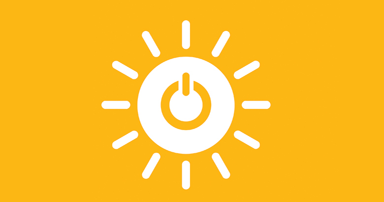 Sun icon with a power button in the centre on a yellow background